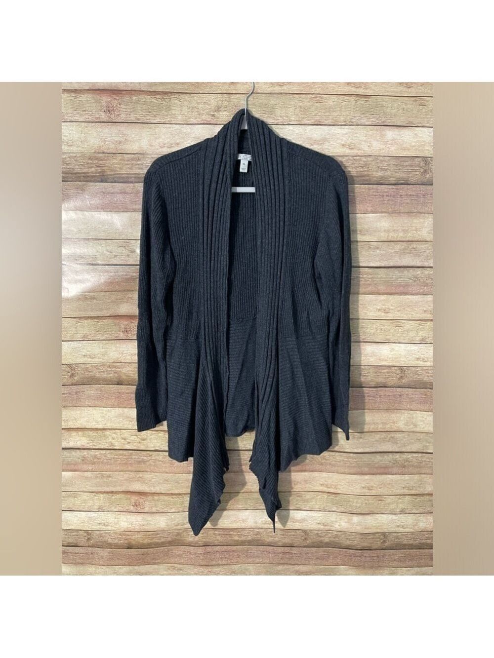 Dana Buchman Womens Size XL Black Open Front Ribbed Sweater Cardigan Mock Collar